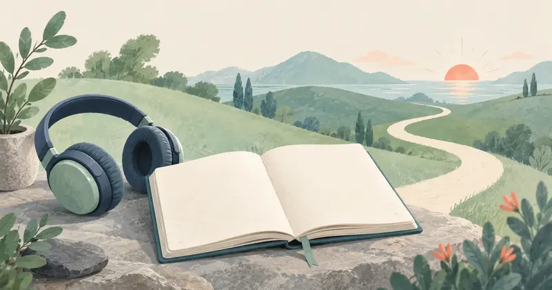 An open learning journal and headphones beside a path through green hills.